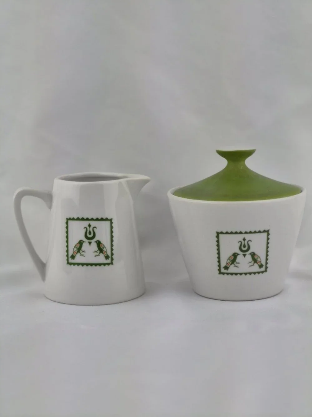 MCM Matte By Summit Coffee Set 5 Mugs, Sugar & Creamer w Lid Avacado Green Birds